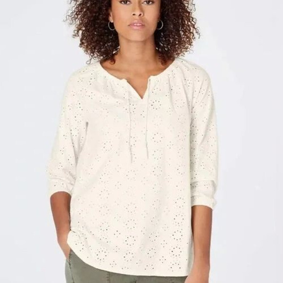 J. Jill Cream Cotton Knit Eyelet A-Line Blouse, size petite medium - Picture 2 of 10